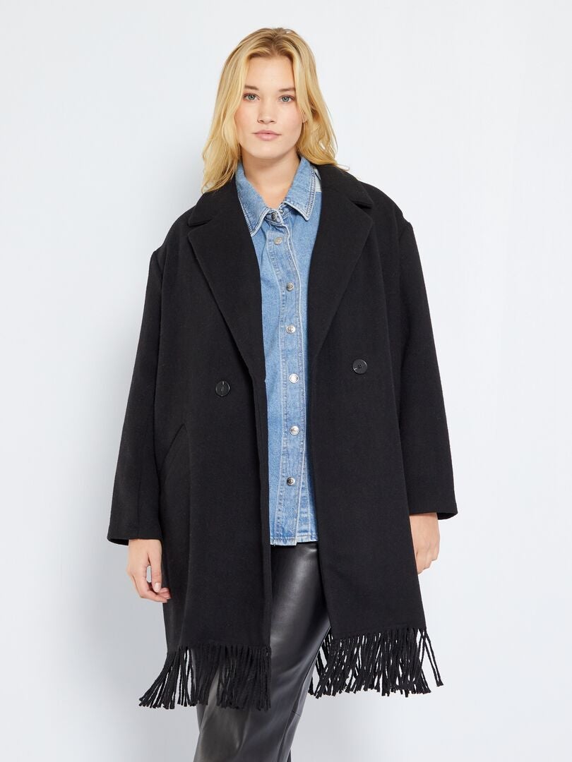 Abrigo largo de lana sintética con flecos - negro - Kiabi €
