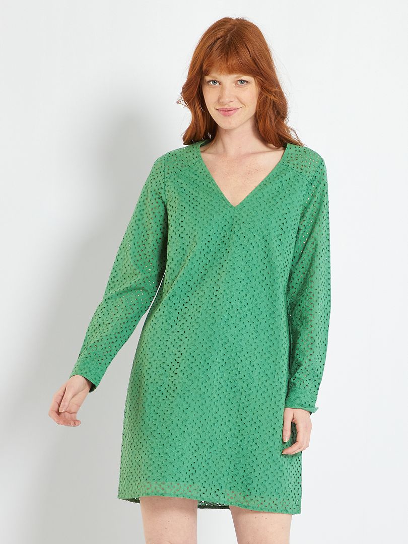 Vestido corto con bordado inglés - verde - - 25.00€